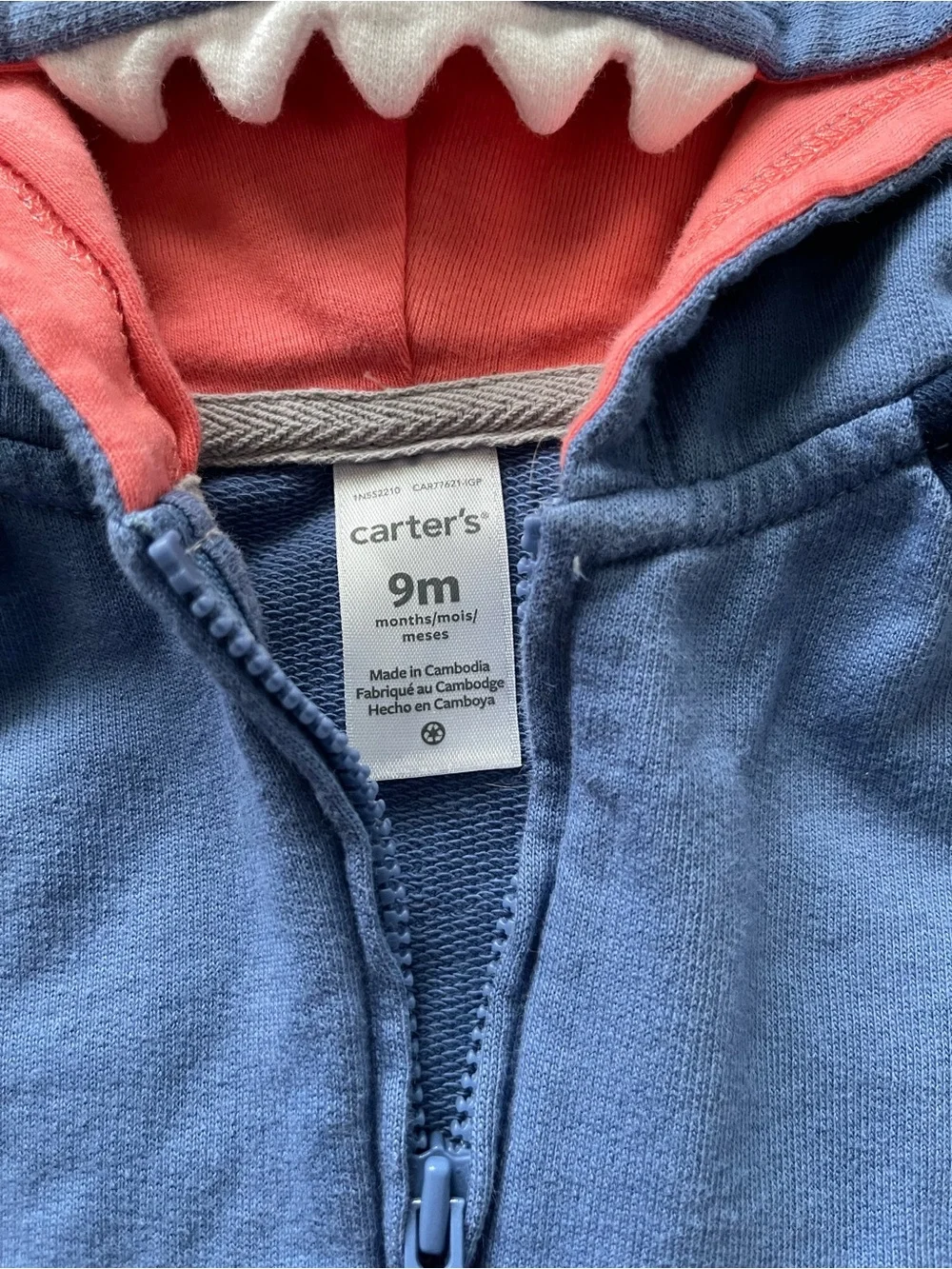 Carter's Shark Hoodie Jacket - Light Blue, Navy & Coral